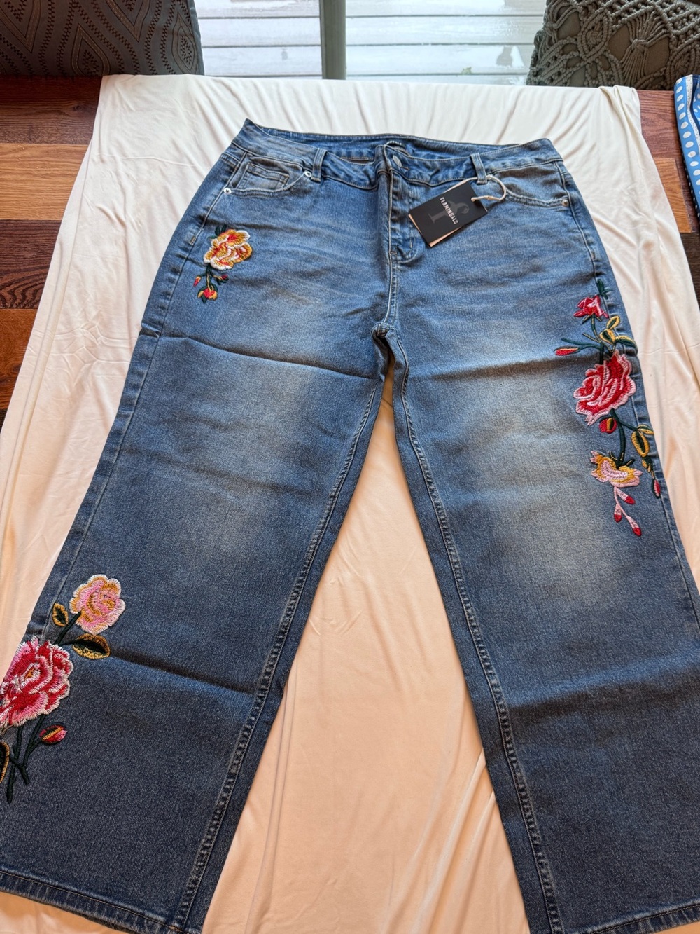 Flamingals Blue Embroidered Floral Wide-Leg Women’s Jeans